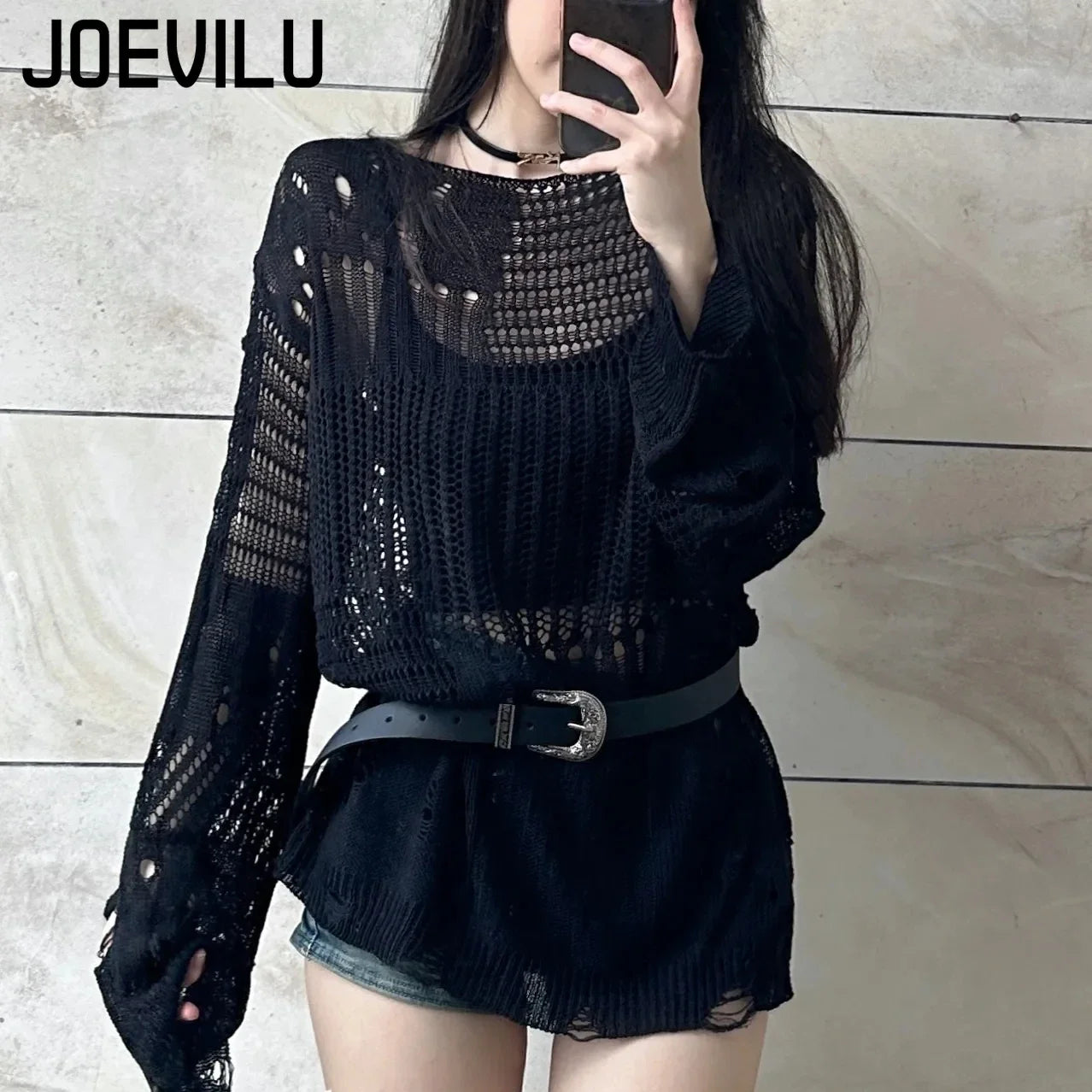 JOEVILU Hollow Knit Blouse Summer Loose Fitting Long Sleeve Thin