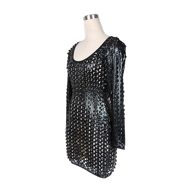 Gothic Vinyl Leather Dress Fashion Women Faux Leather Full Holes Long