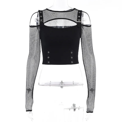 Goth Dark Mall Gothic Fishnet Patchwork T-shirts Grunge Punk Hollow