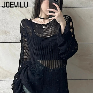 JOEVILU Hollow Knit Blouse Summer Loose Fitting Long Sleeve Thin