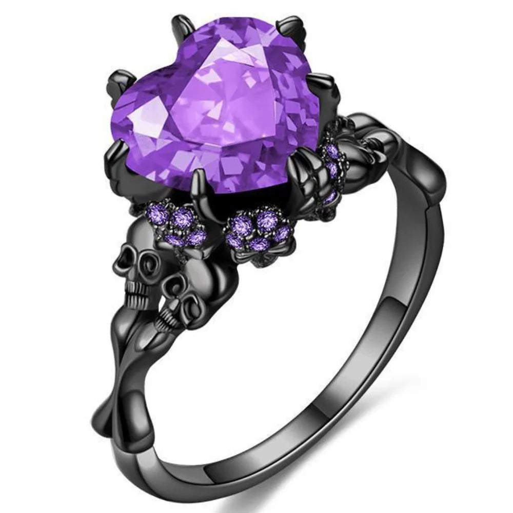 Skull Gothic Black Ring Heart-shape Red Crystal Vampire Double Skull