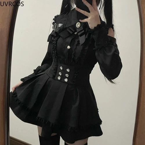 2024 Japanese Black Short Skirt Set Gothic Ruffle Mini Skirts Sexy