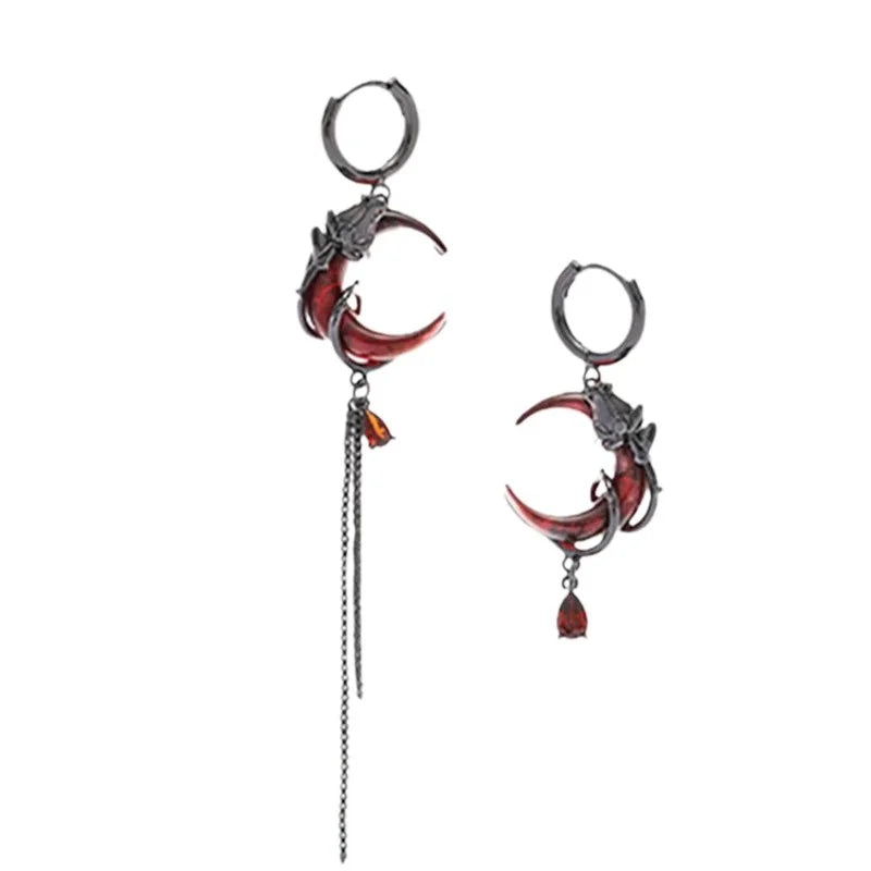 Gothic Style Asymmetry Red Moon Rose Earrings For Women Style