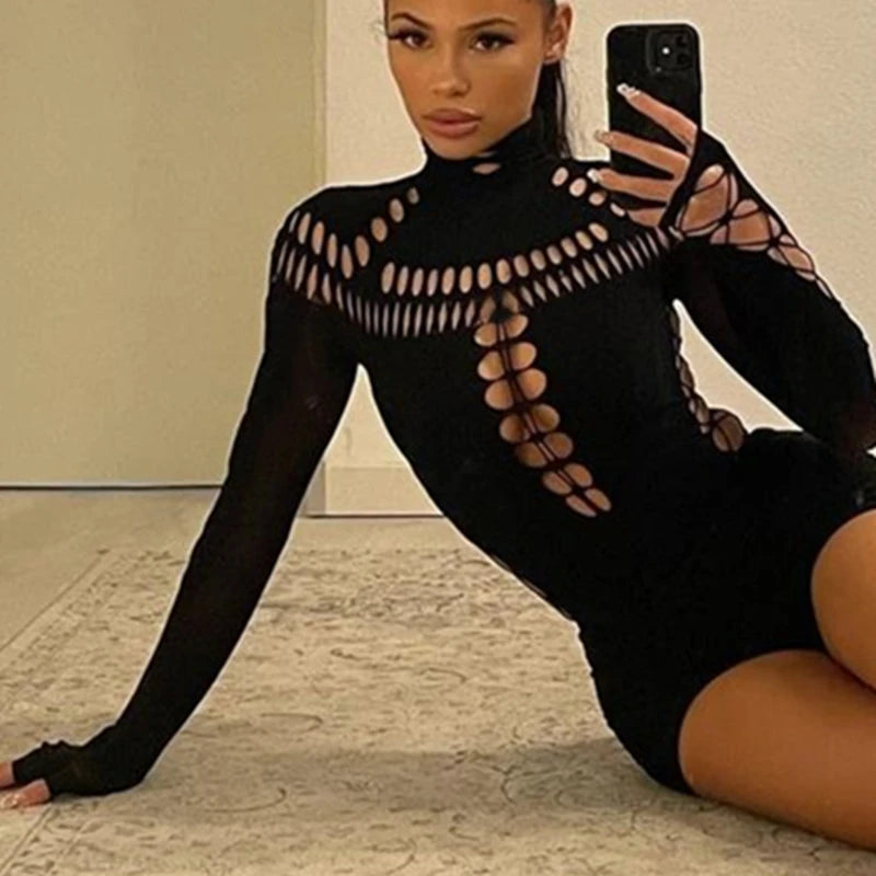 Candyhot Sexy Hollow Out High Collar Bodysuit Bodycon Y2K Long Sleeves