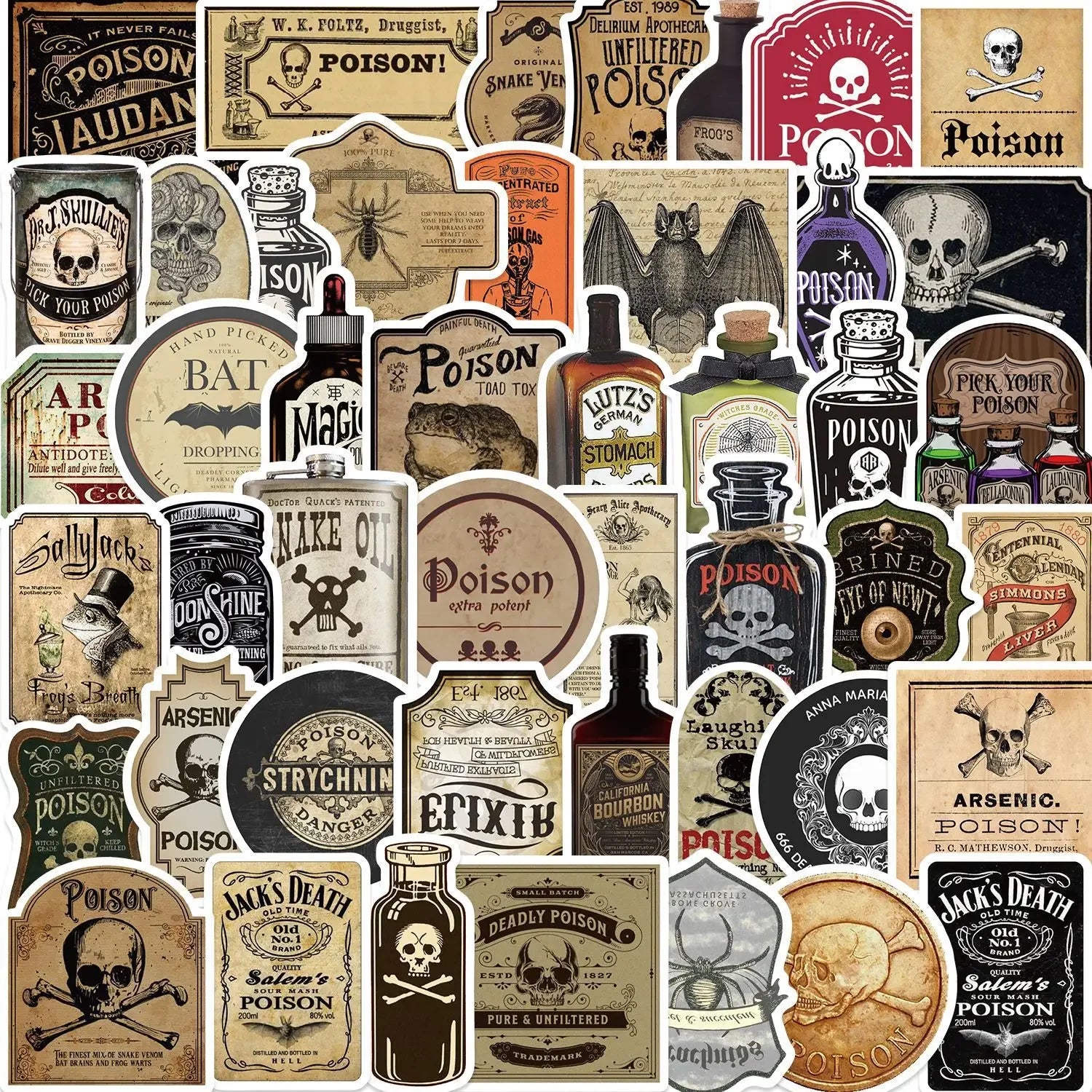 50pcs Horror Retro Arsenic Poison Label Stickers Gothic Potion