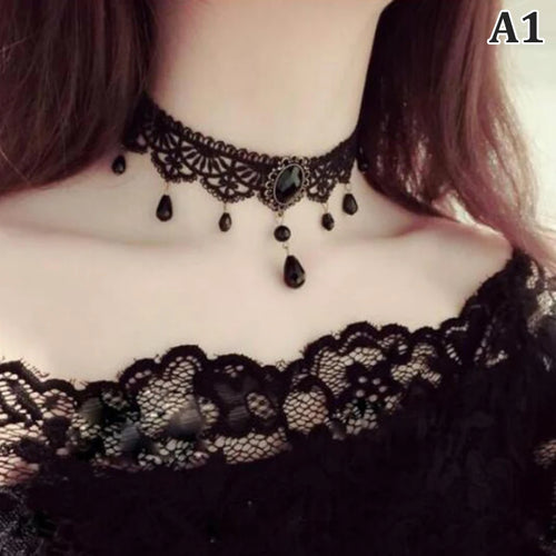 New Sexy Gothic Chokers Crystal Black Lace Neck Choker Necklace