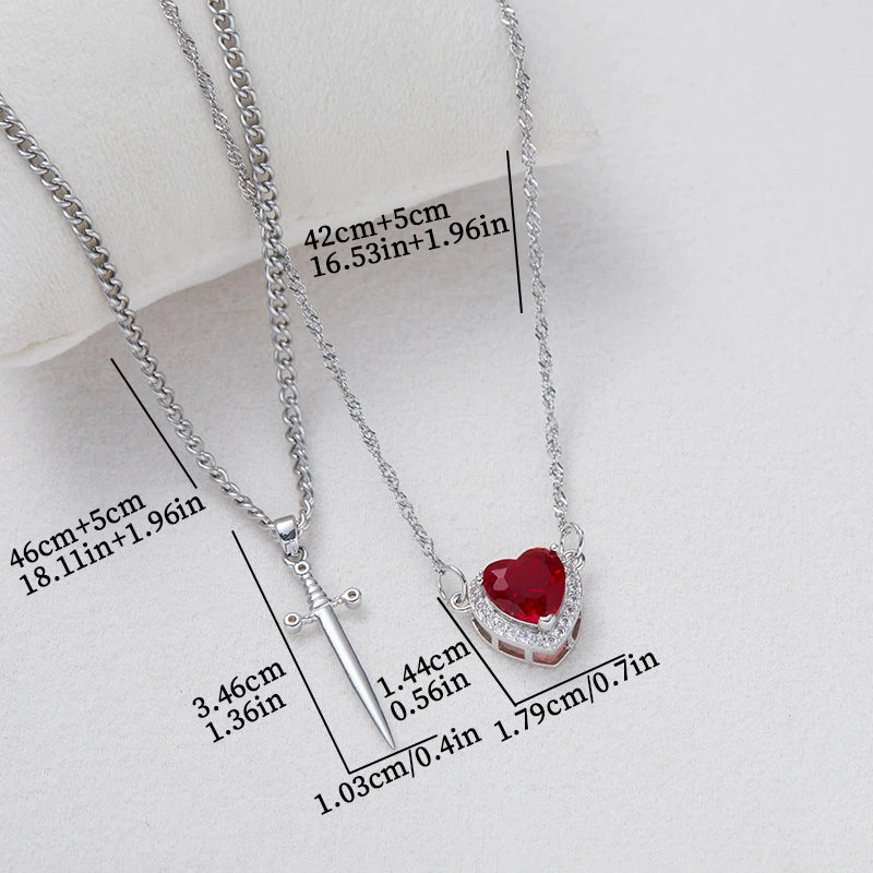 2PC Gothic Punk Sword Heart Creative Two Tone Couple Necklace Ladies