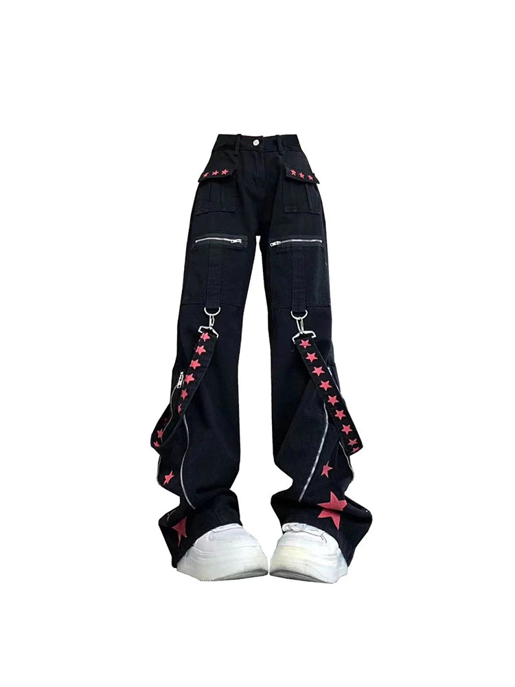 Women Black Gothic Baggy Cargo Jeans Harajuku Vintage Y2k Denim