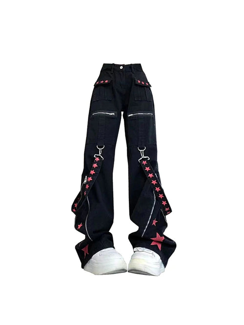 Women Black Gothic Baggy Cargo Jeans Harajuku Vintage Y2k Denim