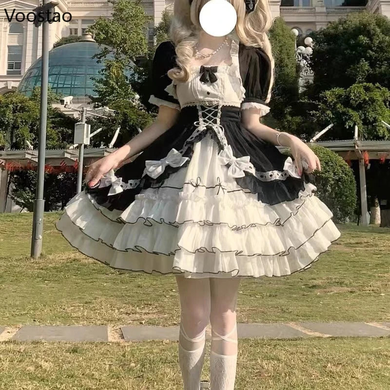 Victorian Vintage Lolita Dress Women Gothic Y2k Puff Short Sleeve