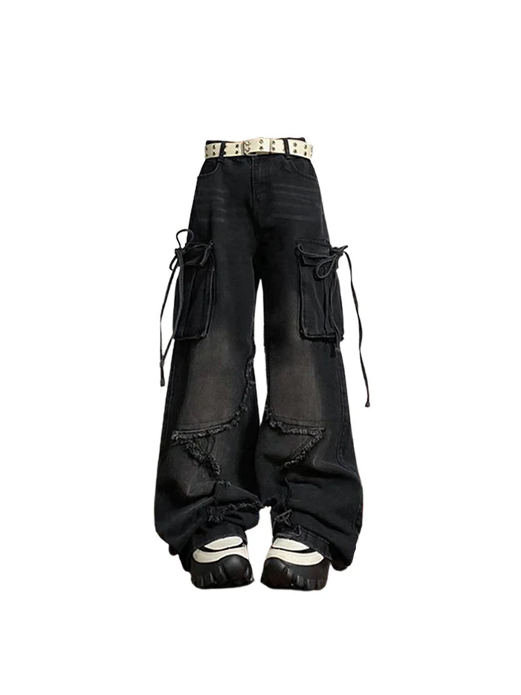 Women's Black Gothic Baggy Cargo Jeans with Star Harajuku Y2k 90s