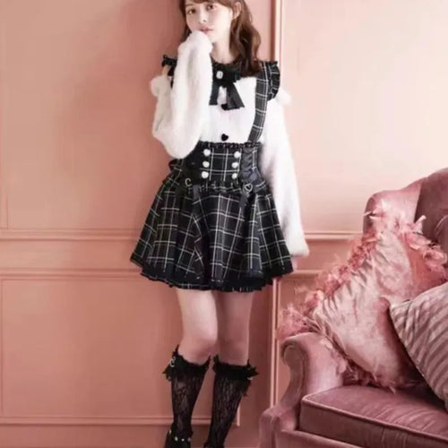 Japanese Gothic Lolita Ribbon Short Suspender plaid Skirt Girls Sweet