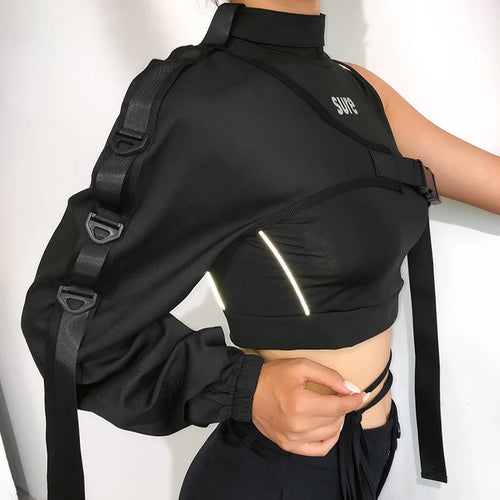 SUCHCUTE Women Sexy One Shoulder Reflective Crop Tops Adjustable