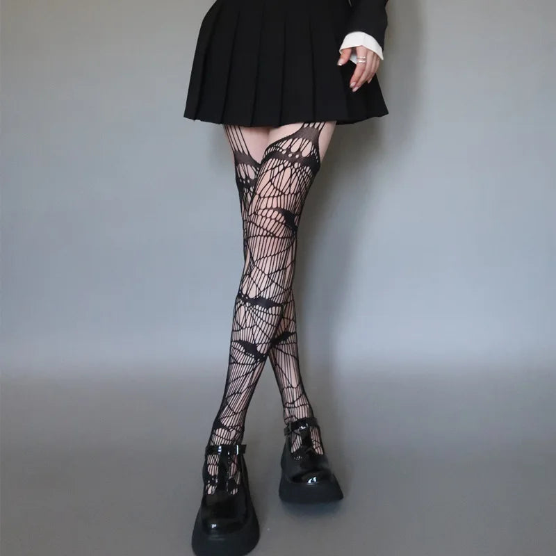 Skull Fishnet Stocking Women's Hollow Garter Bat Gothic Dark Mesh