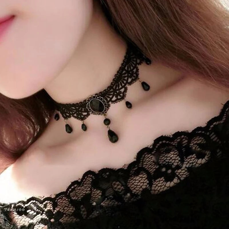 New Sexy Gothic Chokers Crystal Black Lace Neck Choker Necklace