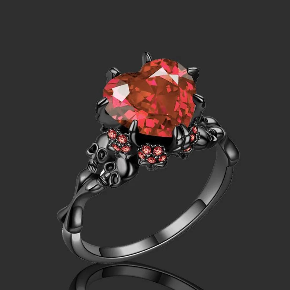 Skull Gothic Black Ring Heart-shape Red Crystal Vampire Double Skull