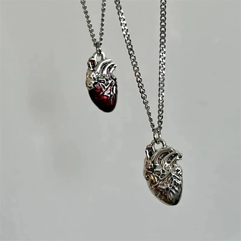 Anatomical red heart necklace gothic y2k grunge jewelry dainty silver