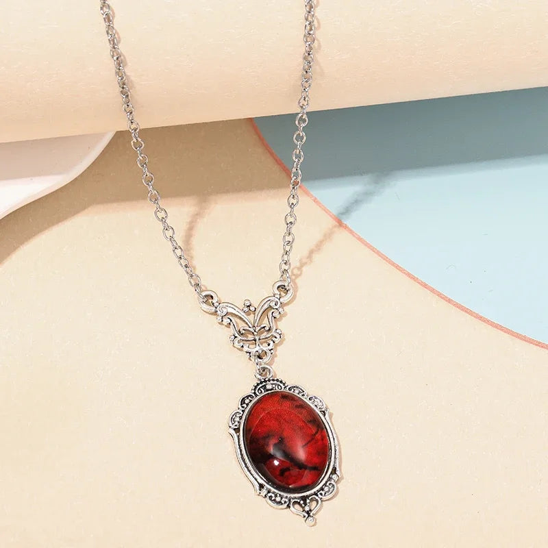 Gothic Blood Red Quartz Charm Necklace Oval Pendant Necklace For Women