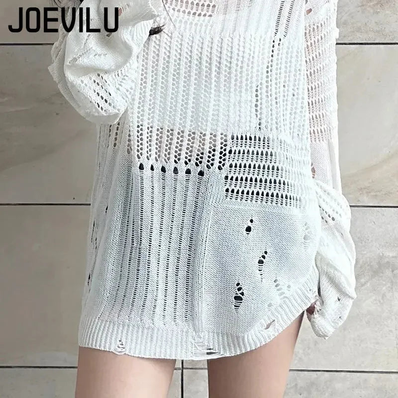 JOEVILU Hollow Knit Blouse Summer Loose Fitting Long Sleeve Thin