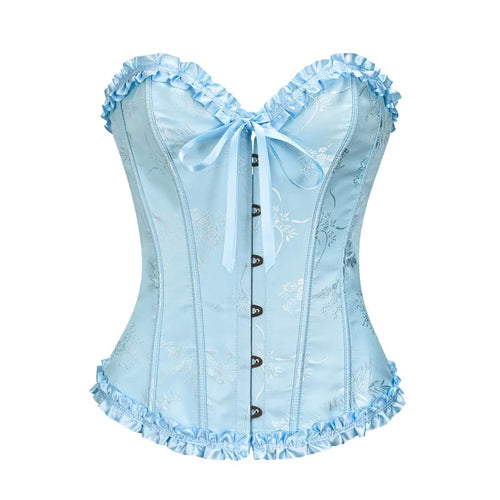 Yellow Jacquard Ruffled Trim Boned Sexy Overbust Push Up Bustier Top