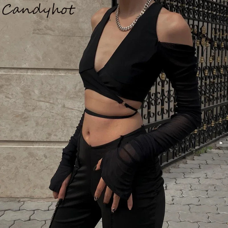 Candyhot Gothic Mesh Sheer Crop Tops Sexy Deep V-neck Off Shoulder T