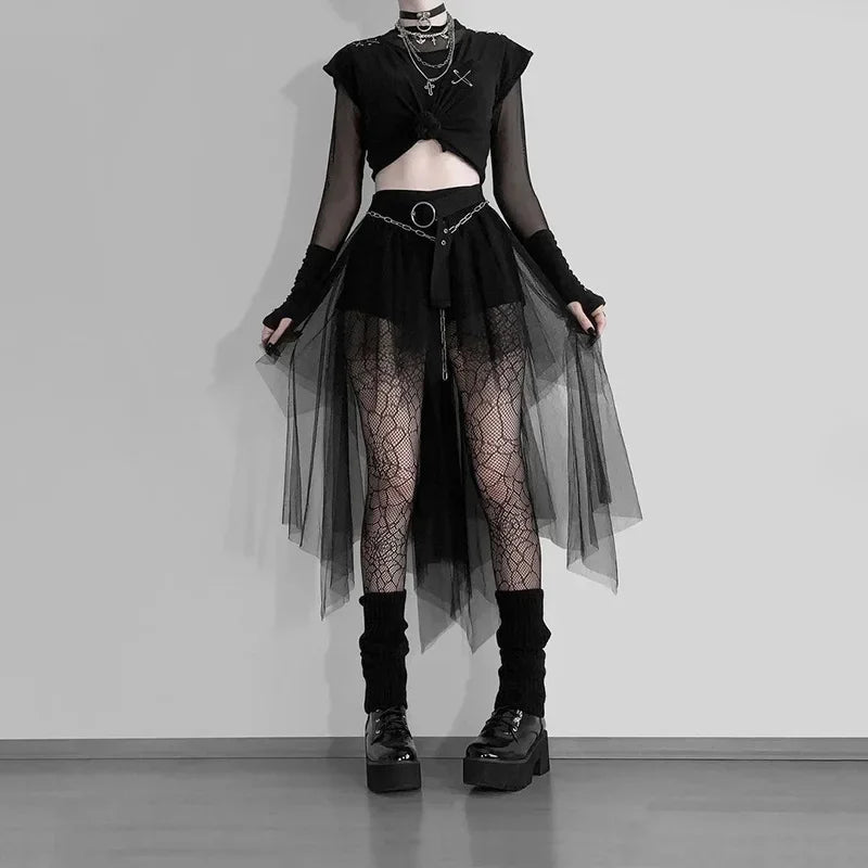 Casual Skirts Punk Sexy Net Yarn High-Waisted Irregular Skirt for