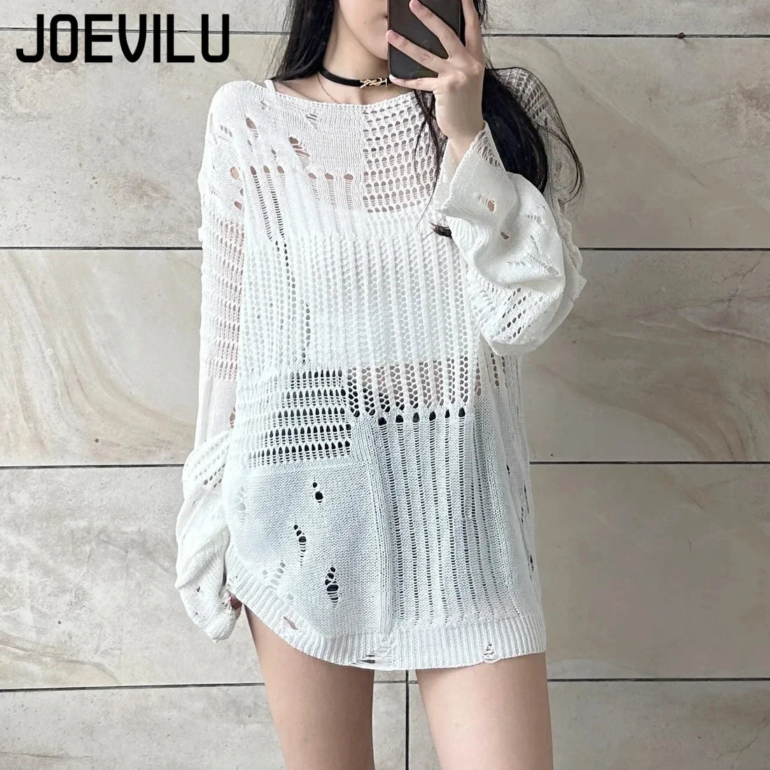 JOEVILU Hollow Knit Blouse Summer Loose Fitting Long Sleeve Thin