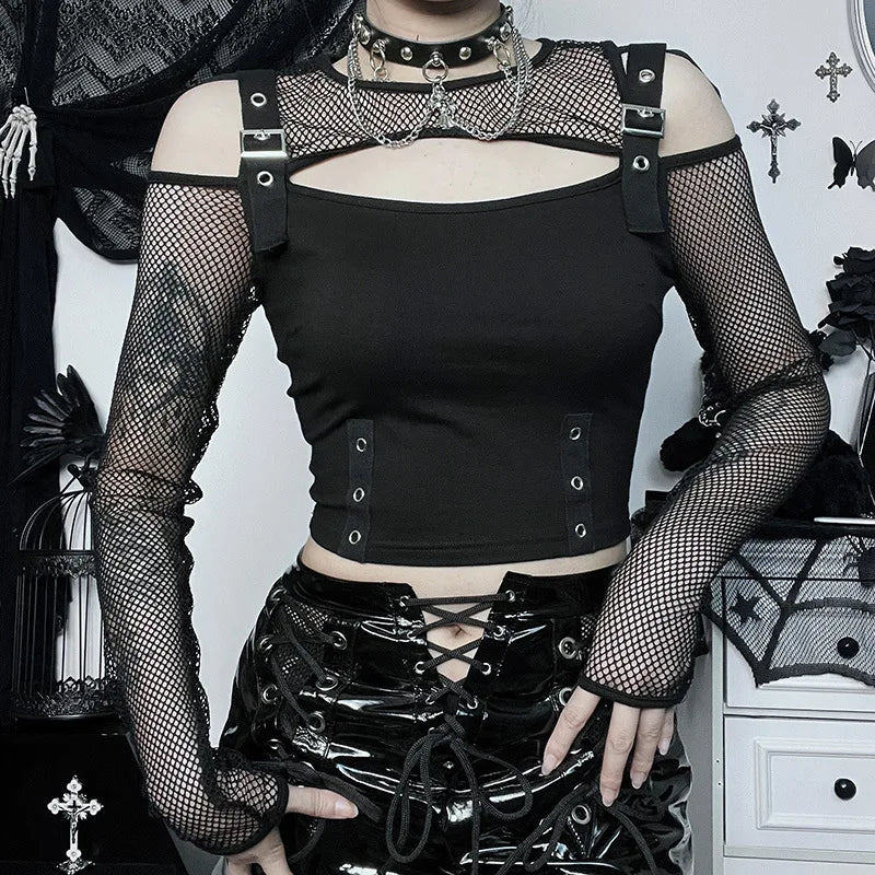 Goth Dark Mall Gothic Fishnet Patchwork T-shirts Grunge Punk Hollow