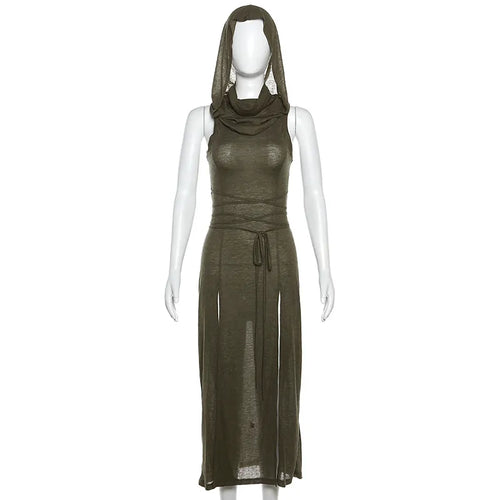 Goth Dark Cyber Gothic Desert Walker Hooded Dresses Y2k Punk Grunge