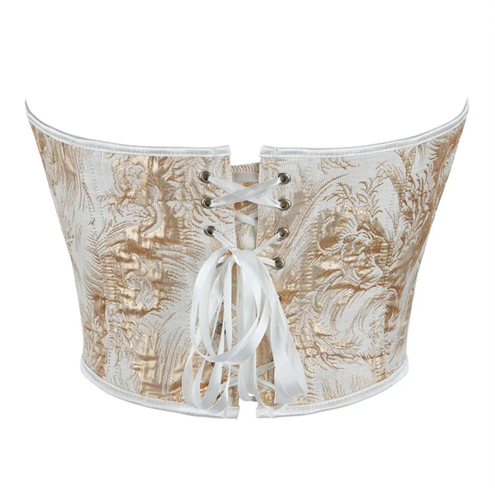 Sexy Women Overbust Corsets Crop Tops Golden Printed Bustiers Lace Up