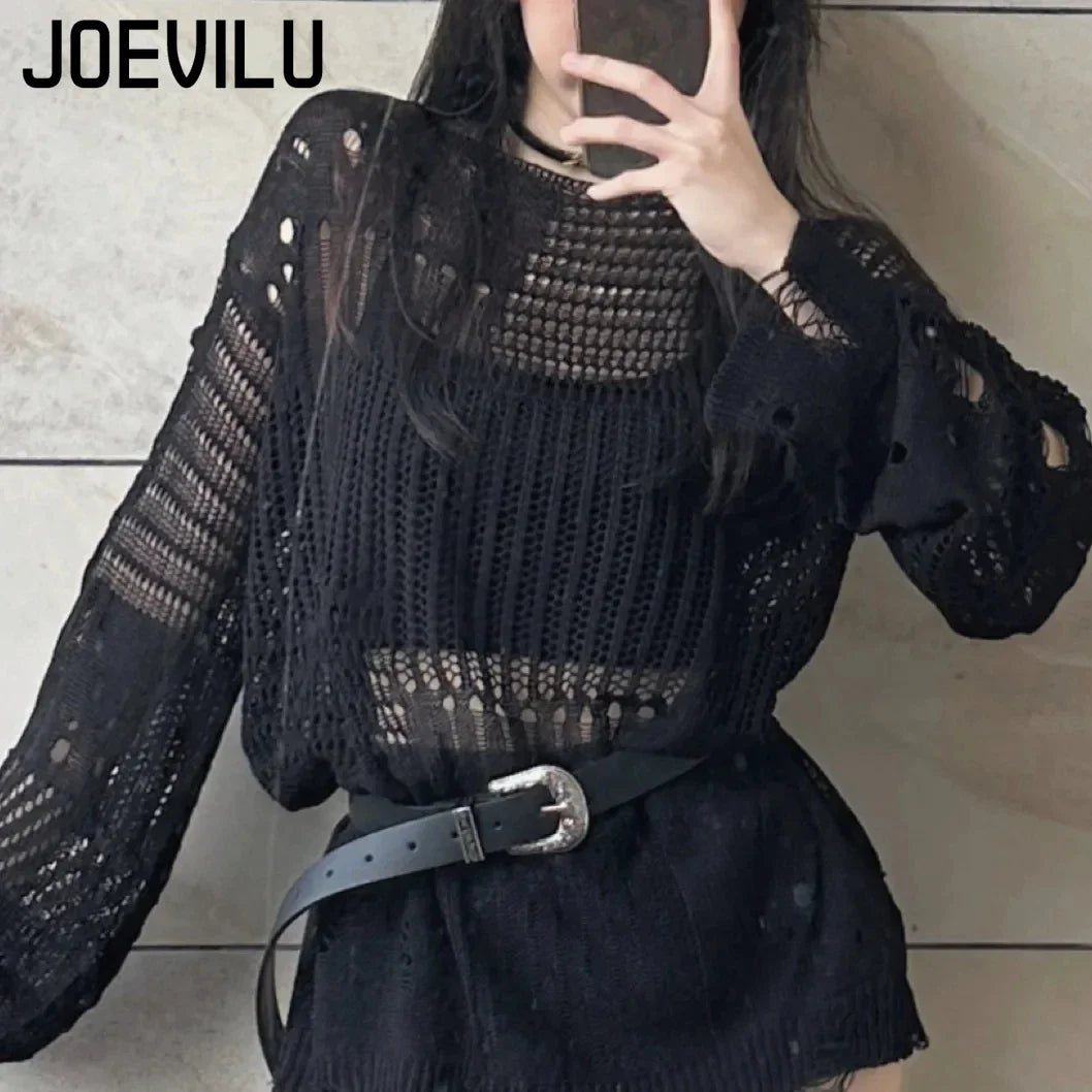 JOEVILU Hollow Knit Blouse Summer Loose Fitting Long Sleeve Thin