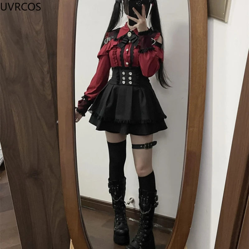 2024 Japanese Black Short Skirt Set Gothic Ruffle Mini Skirts Sexy