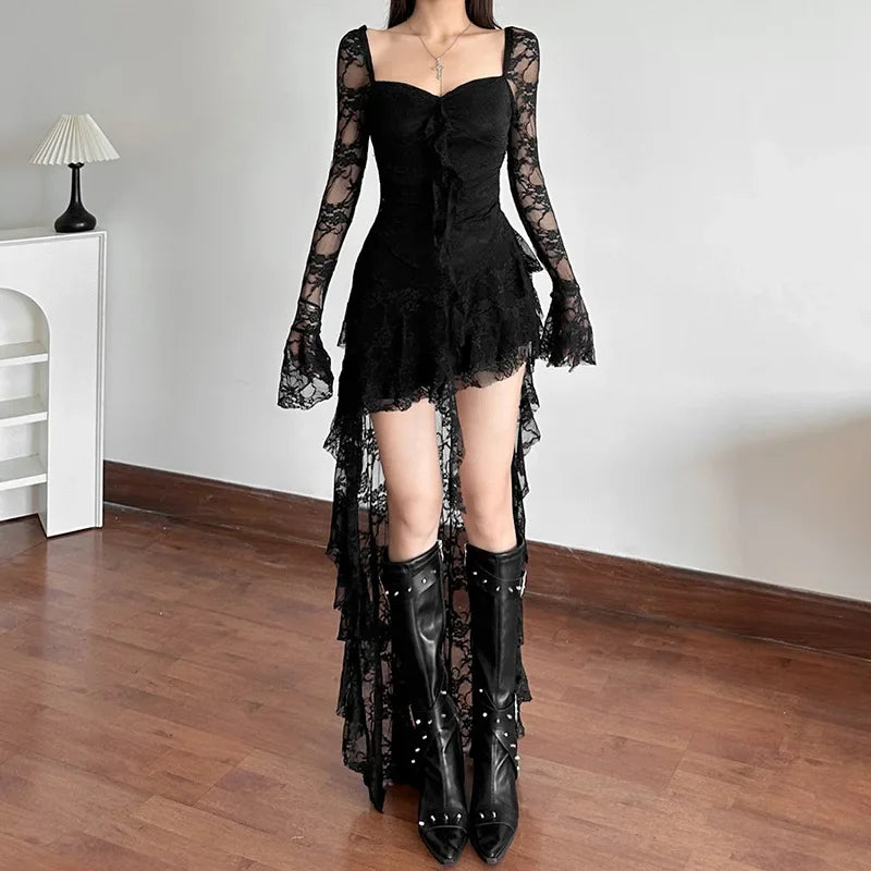 Fairycore Lace Flare Sleeve Square Neck A-line Dress Sweet E-girl