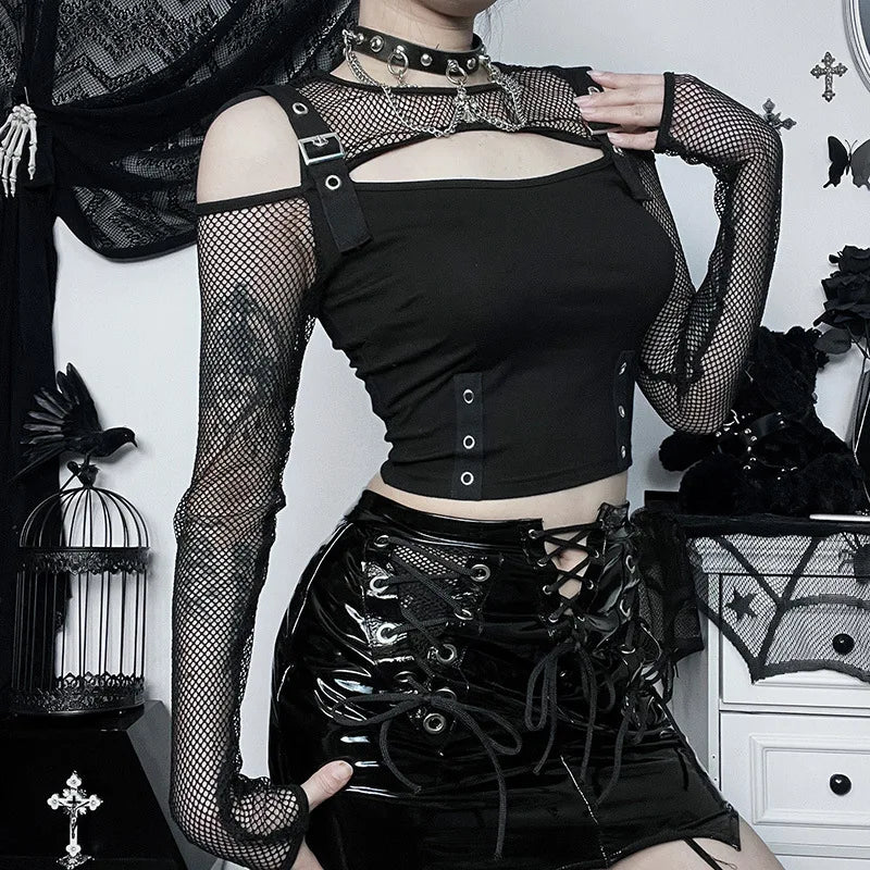 Goth Dark Mall Gothic Fishnet Patchwork T-shirts Grunge Punk Hollow