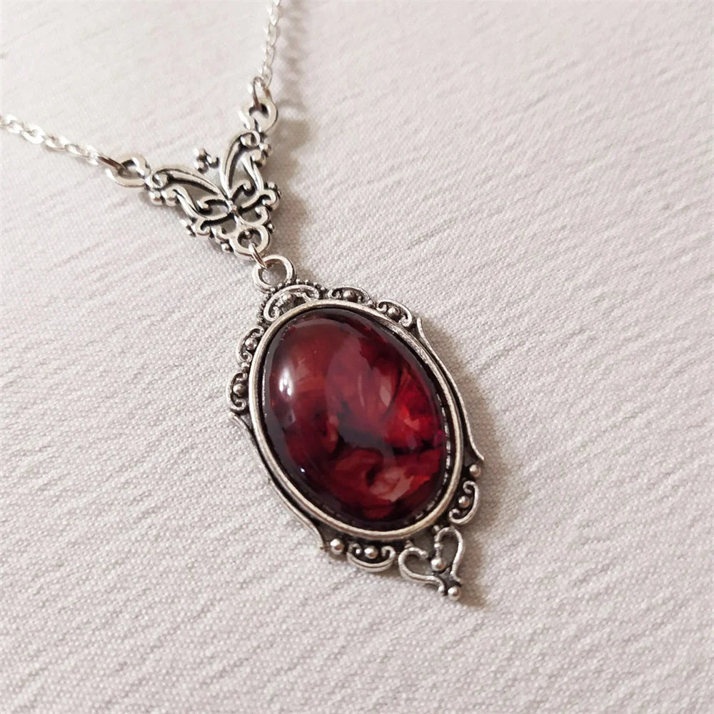 Gothic Blood Red Quartz Charm Necklace Oval Pendant Necklace For Women