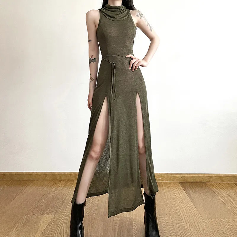 Goth Dark Cyber Gothic Desert Walker Hooded Dresses Y2k Punk Grunge