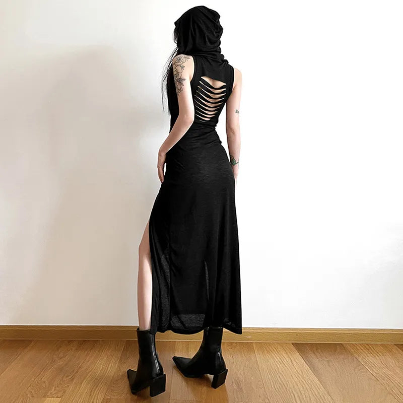 Goth Dark Cyber Gothic Desert Walker Hooded Dresses Y2k Punk Grunge