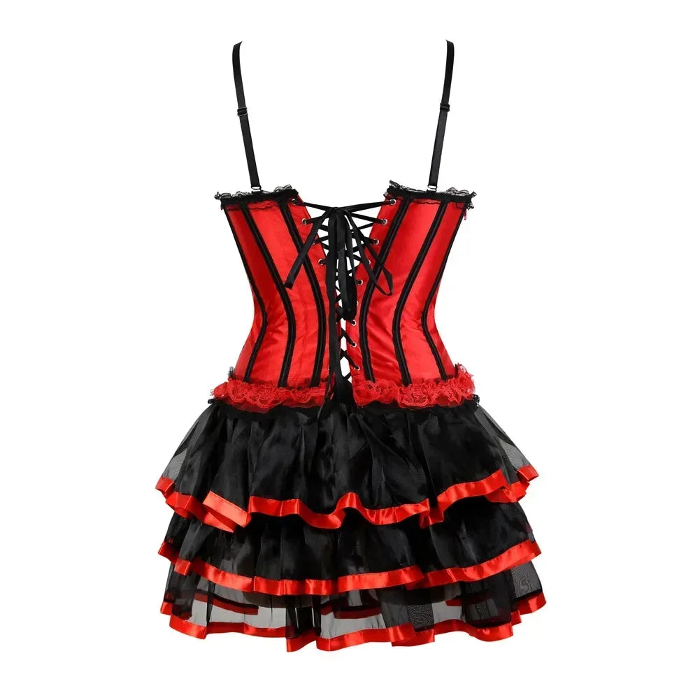 Victorian Red Satin Overbust Corset with Layered Tulle Skirt Women