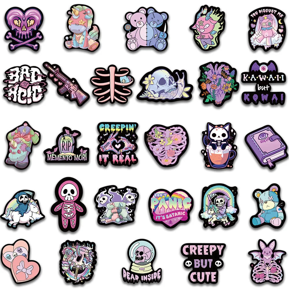 56pcs Creepy Cute Darkness Gothic Cartoon Skulls Stickers For Laptop