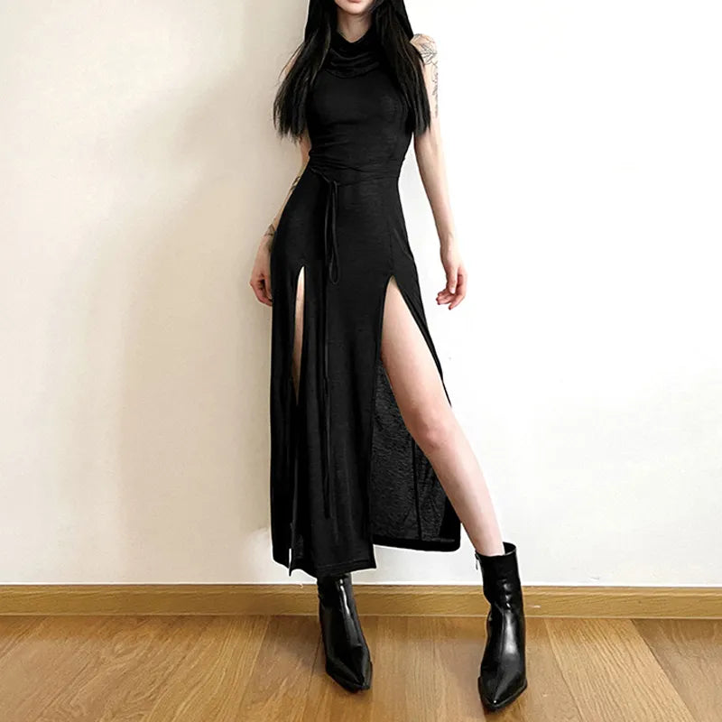 Goth Dark Cyber Gothic Desert Walker Hooded Dresses Y2k Punk Grunge