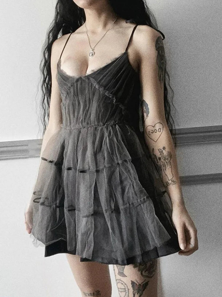 AltGoth Dark Gothic Elegant Dress Women Emo Alt Vintage Mesh Patchwork