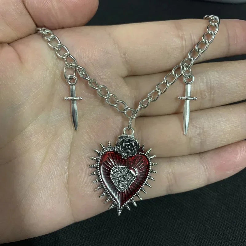 Goth Gothic Peach Heart Flower Sword Eye Cross Pendant Choker Chain