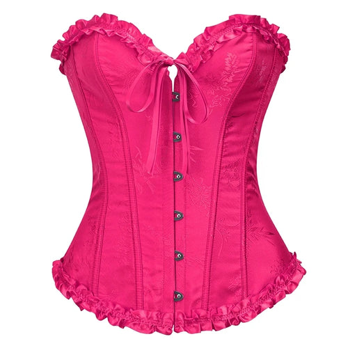 Yellow Jacquard Ruffled Trim Boned Sexy Overbust Push Up Bustier Top
