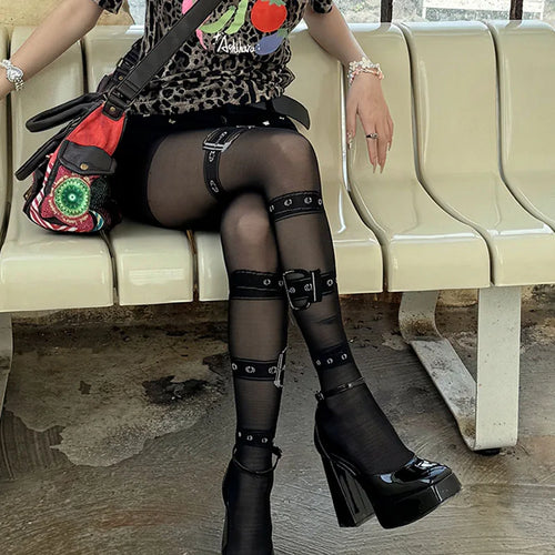 Sexy Black Leg Loop Long Stockings Punk Women Y2k Jacquard Gothic