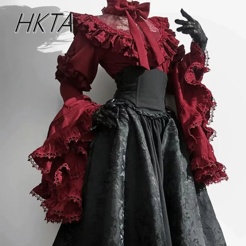 Gothic Shirt Y2k Top Lolita Girls Ruffle Umbrella Skirt High Waist