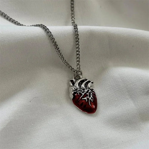 Anatomical red heart necklace gothic y2k grunge jewelry dainty silver