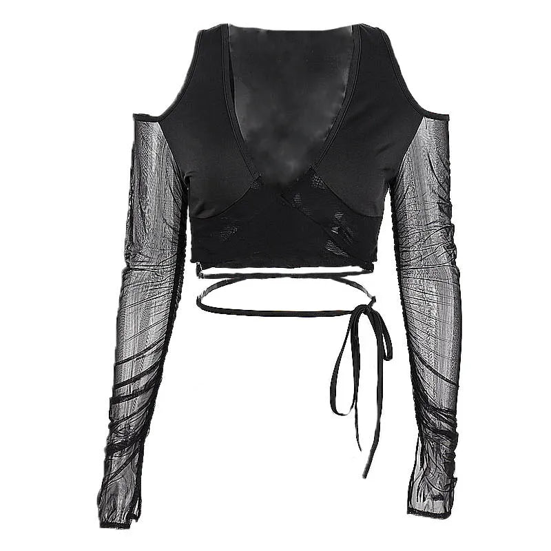 Candyhot Gothic Mesh Sheer Crop Tops Sexy Deep V-neck Off Shoulder T