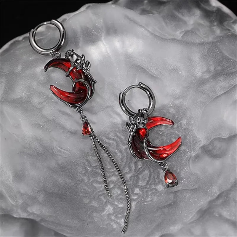 Gothic Style Asymmetry Red Moon Rose Earrings For Women Style