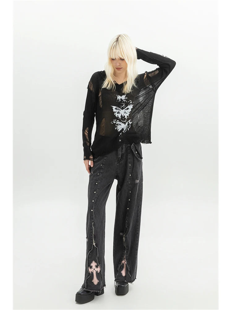 Women Clothing Black Gothic Jeans 90s Aesthetic Y2k Oversize Denim