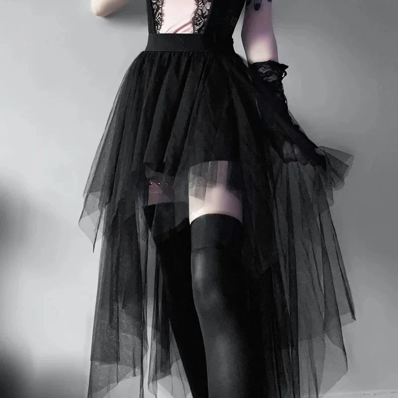 Casual Skirts Punk Sexy Net Yarn High-Waisted Irregular Skirt for